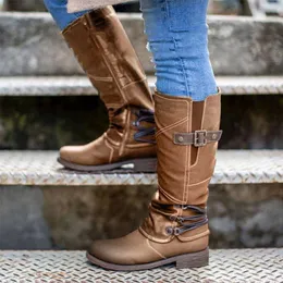 Stövlar 2020 Kvinnor Boot Winter Fashion Side Zipper Buckle Strap Mid-Calf Boots Ladies Round Toe Low Heels Punk Riding Shoes For Females T221010