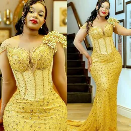 2022 Arabo Aso Ebi Gold Mermaid Prom Dresses Cristalli di perline Lussuosa serata formale Festa Secondo ricevimento Compleanno Abiti di fidanzamento Abito ZJ111