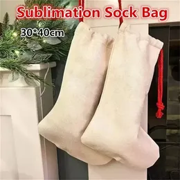Sublimation leere Weihnachtsstrumpftasche Sackleinen Leinen Halloween Weihnachten personalisierte Wärmeübertragung Druck Kordelzug Socken 1011
