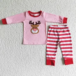 Clothing Sets Children Christmas Embroidery Reindeer Clothes Pink Long Sleeves Pajamas Wholesale Baby Girl Outfit Stripe Pants Kids Deer Set