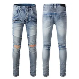 Męskie dżinsy Designer dżinsy duże i wysokie spodnie z dżinsem do dziury dla człowieka chuda rock motocyklista Slim Fit Blue Hip Hop Mens Bu klamra długa prosta zamek błyskawiczny