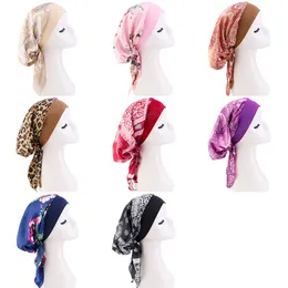 Pre-Tied Satin Turban Cap Muslim Inner Hijabs Femme Printed Headscarf Hair Loss Headwrap Bandana Elastic Hair Accessories