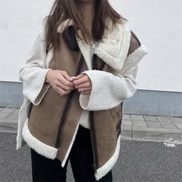 Womens Vests Autumn Winter Womens Stylish Retro Casual Lapel Zipper Pocket Trim Loose Quality Heavy Suede Lamb Chic Vest Coat 221010