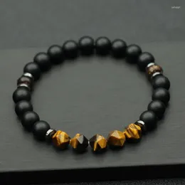Charm Bracelets Unique Elastic Bracelet Men 8mm Onyx Black Stone Braclet Geometric Sandstone Tiger Eye Braslet Boyfriend Gift Male