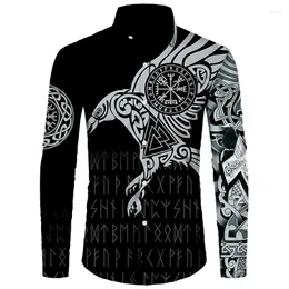 Fritidsskjortor för män Viking The Raven Of Tattoo 3D Print Herrskjorta Retro Harajuku Lapel Buttoned Streetwear Långärmade Toppar Cardigan