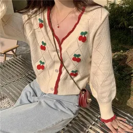 Women's Knits Autumn Est Cardigans Women Sweet Elegant V-neck Lovely Cherry Patchwork Ladies Outerwear Gentle High Street Leisure Trendy