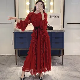 Casual Dresses 2022 Vintage Wine Red Ruffles Dress Women Long Sleeve High midjebältet Bow Ruched Runway Female Elegant Party Vestidos