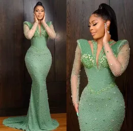 2022 Plus Size Arabic Aso Ebi Luxurious Mermaid Sparkly Prom Dresses Beaded Crystals Sexy Evening Formal Party Second Reception Gowns Dress