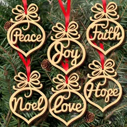 Christmas Decorations 6pcs Wooden Pendant Hollow Out Letter Engraving Ornament Xmas Tree Hanging DIY Crafts Decor 2022ing