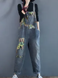 Женские джинсы весенний рукавочный джинсовый джинсовый костюм женские цветы печатать модные подтяжки повседневного свободного комбинезона женские ромперы 221011