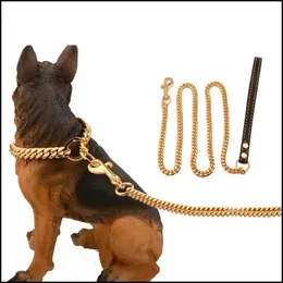 Dog Collars Leashes Metal Stainless Steel Pet Dog Gold Collar Lead Super Outdoor Big Training Chain Decor Necklace For All S 10E Y20 Dh0X7