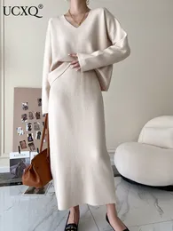 Zweiteiliges Kleid UCXQ Damen Maxirock-Set Stricken Elegant Solide Hohe Taille Lose Passform Herbstmode 23KX722 221010