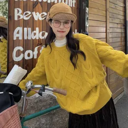 Swetery damskie moda vintage żółta argyle pasująca do kobiet sweter jesienne zima elegancka pullowe lampionowe rękaw Twist Knifting Panie