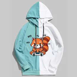 Herrtr￶jor r￶da panda tryck hoodie kvinnor streetwear s￶ta vinter lappt￤ckkl￤der ￶verdimensionerade l￶sa tr￶ja harajuku toppar