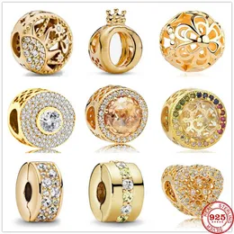 Argento sterling 925 ciondola fascino donne perline gioielli di alta qualità regalo all'ingrosso metallo perline zirconi oro scintillante perline braccialetto Pandora fai da te