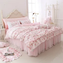 Bedding sets 100% Cotton Floral Printed Princess Bedding Set Twin King Queen Size Pink Girls Lace Ruffle Duvet Cover Bedspread Bed Skirt Set 221010