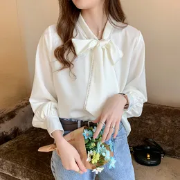 Löst koreanska toppar 2022 Spring Satin Chiffon Blauses Women Fashion Blue Long Sleeve Shirts Office Lady Cloth med Bow