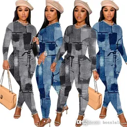 Fashion Imitation Denim Print Pants Set Autumn and Winter Women's Casual Twine Pocket Two Piece Tracksuits