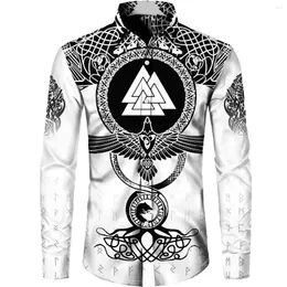 Fritidsskjortor för män Personlighet Raven Odin Viking Helärmad herr överdimensionerade kläder Button Up Shirt Tatuering 3D-tryck Harajuku blusar