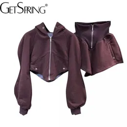 レディースツーピースパンツGetSpring Women Shorts Sets Autumn Hooded Lengeve Zipper Sweater Cardigan High Waist Shorts 2 Piece Set 221010