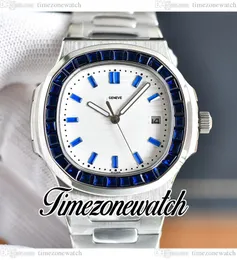 40mm 5711 Automatic Mens Watch White Texture Dial Rectangle Blue Gems Bezel Diamond Bezel Stainless Steel Bracelet Sport Watches Timezonewatch E234C4