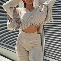 Womens Two Piece Pants Sibybo Autumn Ribbed Knit Zipup Women Hoodie Sexy Skinny Draped Shorts Fashion Solid Casual 2 Piece Sets Womens Outfits 221010