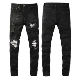 Schwarz zerrissene Jeans für Mann Denim Herren Skinny Biker Slim Knie zerrissen mit Loch Fit Street Feste Farbe Trendy Long gerader Reißverschluss