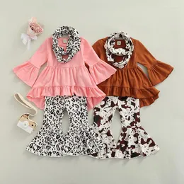 Conjuntos de roupas para criança menina terno de 3 peças manga longa babado tops forrado em A perna larga calças coloridas estampadas cachecol 9M-4T