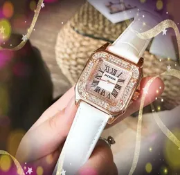 Popüler Suqare Elmaslar Yüzük Çerçevesi Lady Gold Watch 36mm Roman Dial Quartz Gerçek Deri Kemer Saati Kadın Bilek saati Relojes de lujo para hombre