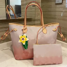 Summer Tote Bag Fashion Handbag Purse Wallet Genuine Leather Gradient Color Classic Flower Removable Zipped Pouch Large