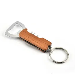 Openers Wooden Handle Bottle Opener Keychain Knife Pulltap Double Hinged Corkscrew Stainless Steel Key Ring Opening Tools RRE14901