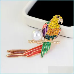 Pins broszki zwierzęce urocze kryształowa szkliwa perłowa papuga broszka broszki broszki dla kobiet mti color rhinestone złota biżuteria kropla dhmt7