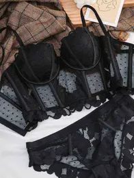 Bras Sets Sexy mesh hollow vest-style body-sculpting lingerie half-cup steel ring bra panty anti-sagging gather underwear suit women T220907