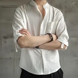 Mäns casual skjortor kinesisk stil linne kortärmad skjorta mäns trend tre fjärdedel ärm stor storlek all-match knapp upp