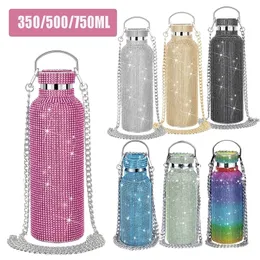 Vattenflaskor Bling Diamond termosflaskor Bärbar glittervattenflaska Crossbody Värmekolv i rostfritt stål 350ml500ml750ml 221011