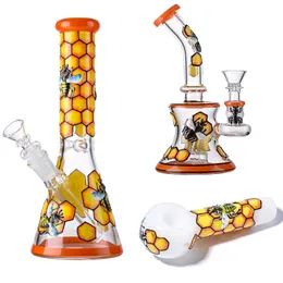 Heady Beaker Bong Glass Bongs Straight Tube Bee Style Water Pipes Mini Oil Dab Rigs Smoking Pipes 14mm 18mmのボウルとの女性ジョイント