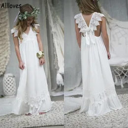 Boho Beach Wedding Flower Girl Dresses 우아한 레이스 라인 간단한 어린 소녀의 대회 생일 파티 가운 v 넥 유아 어린이 유아 첫 성찬식 드레스 al6765