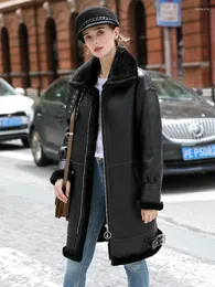 女性の毛皮の毛皮の本物のコート冬ジャケットの女性ダブルフェイスレザーナチュラルヒツジ厚い暖かいストリートウェアアウターウェア