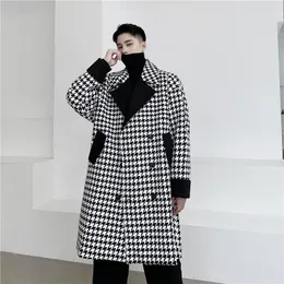 Mężczyźni wełniane męskie Houndstooth podwójnie piersi luźne wełniane wełniane wełniane okład jesienne zimowe męskie streetwear vintage casualna kurtka okopowa