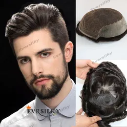 Spetsfront 100%Human Hair Men Toupee Q6 andningsbar tunn hud Swiss Lace Pu Base Manliga hår peruker Ersättning Kapillärprotes