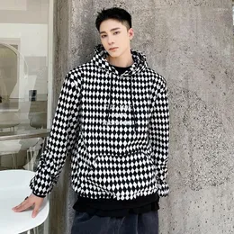 Men's Hoodies Men Autumn Winter Thicken Rhombus Black White Grid Pullover Hooded Sweatshirt Streetwear Fashion Vintage Man Plaid Hoodie