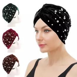 Neue Damen Samt Indischer Hut Retro Mode Hut Perlen Winter Warm Turban Cross India Cap für Frauen Hijab Turbante