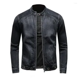 Kurtki męskie stand bonjean kołnierz męski motocykl motocyklowy dżinsy patchwork dżins Man Slim Fit Streetwear Vintage Spring płaszcz wiosenny