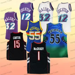 레트로 농구 저지 32 Karl Malone 12 John Stockton Purple White 55 Dikembe Mutombo 15 Vince Carter Tracy McGrady Vintage Mens 스티치 유니폼 메시 후퇴