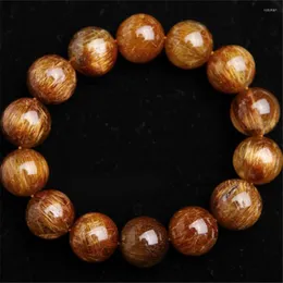 Strand 16mm Genuine Natural Gold Copper Hair Needle Rutilated Quartz Crystal Round Beads Fashion Jewelry Charm Mens Stretch Bracelet