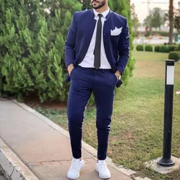 2022 Fashion Blue Men Suits Slim Fit 2 Pieces Jacket Pants Skr￤ddarsy Made Wedding Groom Tuxedos Prom Suit Blazers Set for Men