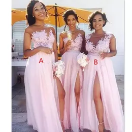 Afrikanische errötende rosa Brautjungfernkleider Sexy schiere Juwelenhals-Spitze-Applikationen Trauzeugin-Kleider High Split formelle Party-Abendkleider