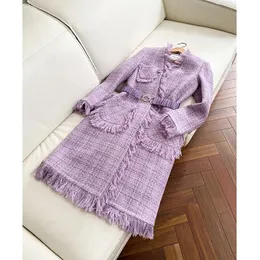 2022 Autumn v Tweed Tweed Bulted Tassel Coat Solid Color Purple 65 ٪ Wool Long Sleeve Mobicets Long Outwear Coats J2O0591311