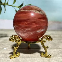 Statuette decorative 45mm Sfera di quarzo rosso di fusione Sfera di pietra Cristallo Guarigione Decorazione della stanza Meditazione Reiki Stregoneria Supporto per pietre preziose