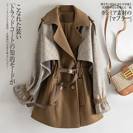 2022 Autumn Notched-Lapel Plaid Panelled Trench Coat Khaki Long Sleeve Belted Short Outwear Coats H2S178234